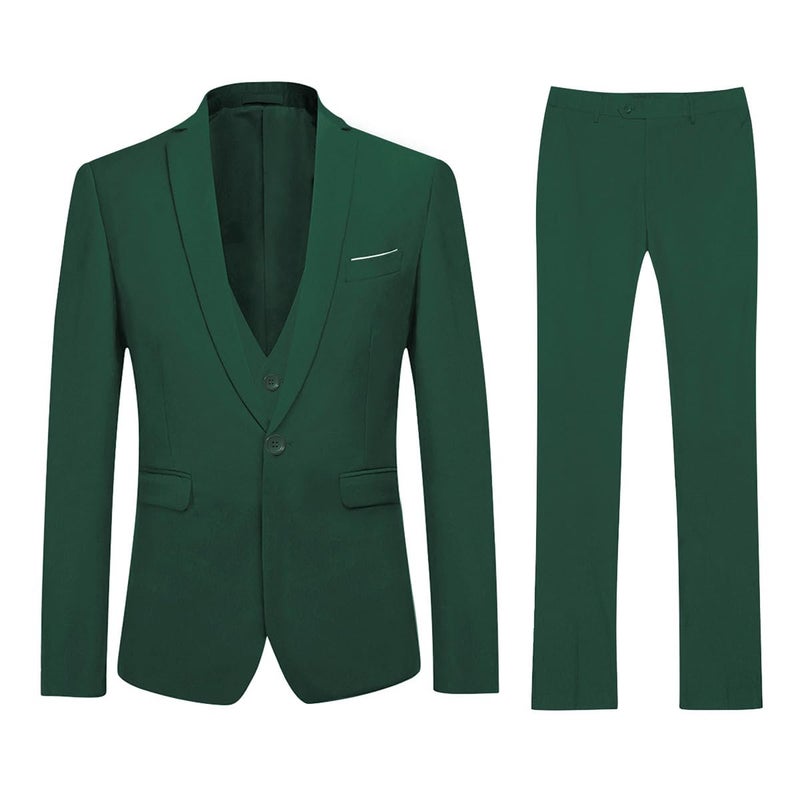 YFFUSHI Men's 3 Piece Suit Sets Slim Fit One Button Blazer with Vest & Pants, Professional Business Wedding Suits Dark Green - Image 2